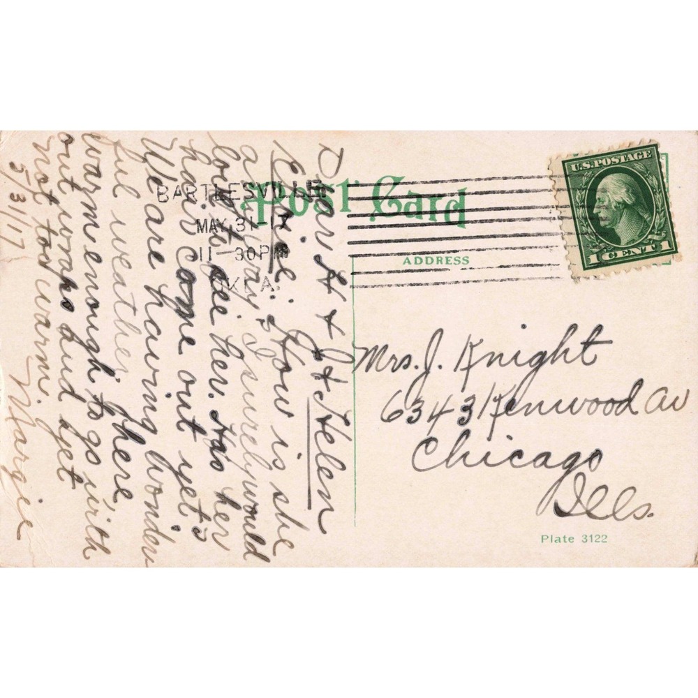 Vintage 1917 Bartlesville Oklahoma Country Club Postcard George Washington Stamp - Picture 2 of 2